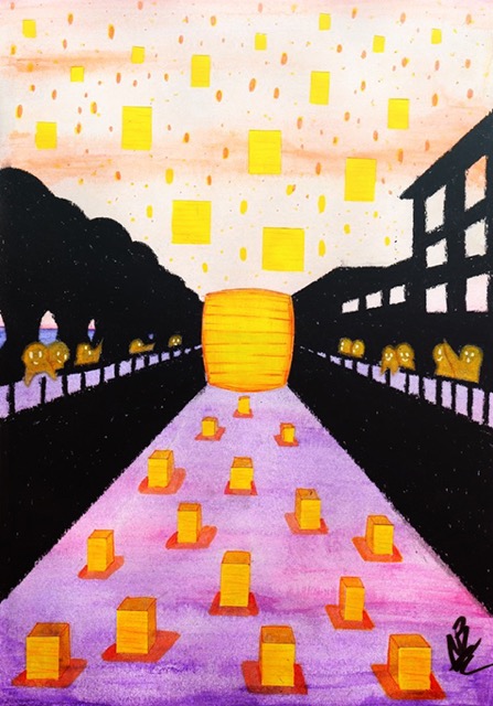 Lanterns adorn the Western Canal in Lowell, MA as interpreted by staff artist Nathalia Rodriguez.